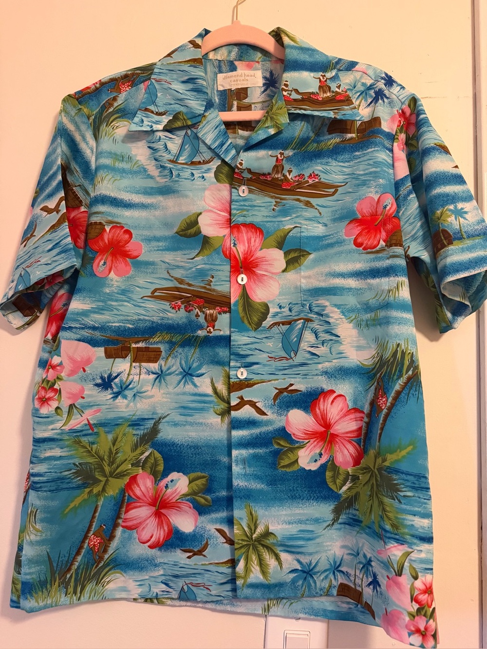 Men's Vintage Tropical Blue Hawaiian Button-Down Shirt with Pink Floral Print